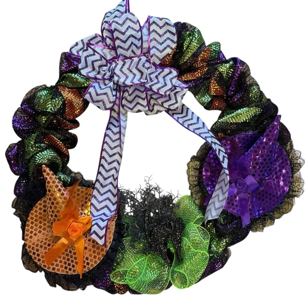 Halloween Glitter Mesh Wreath with Witch Hats, Black Cat & Purple Bow – 24″
